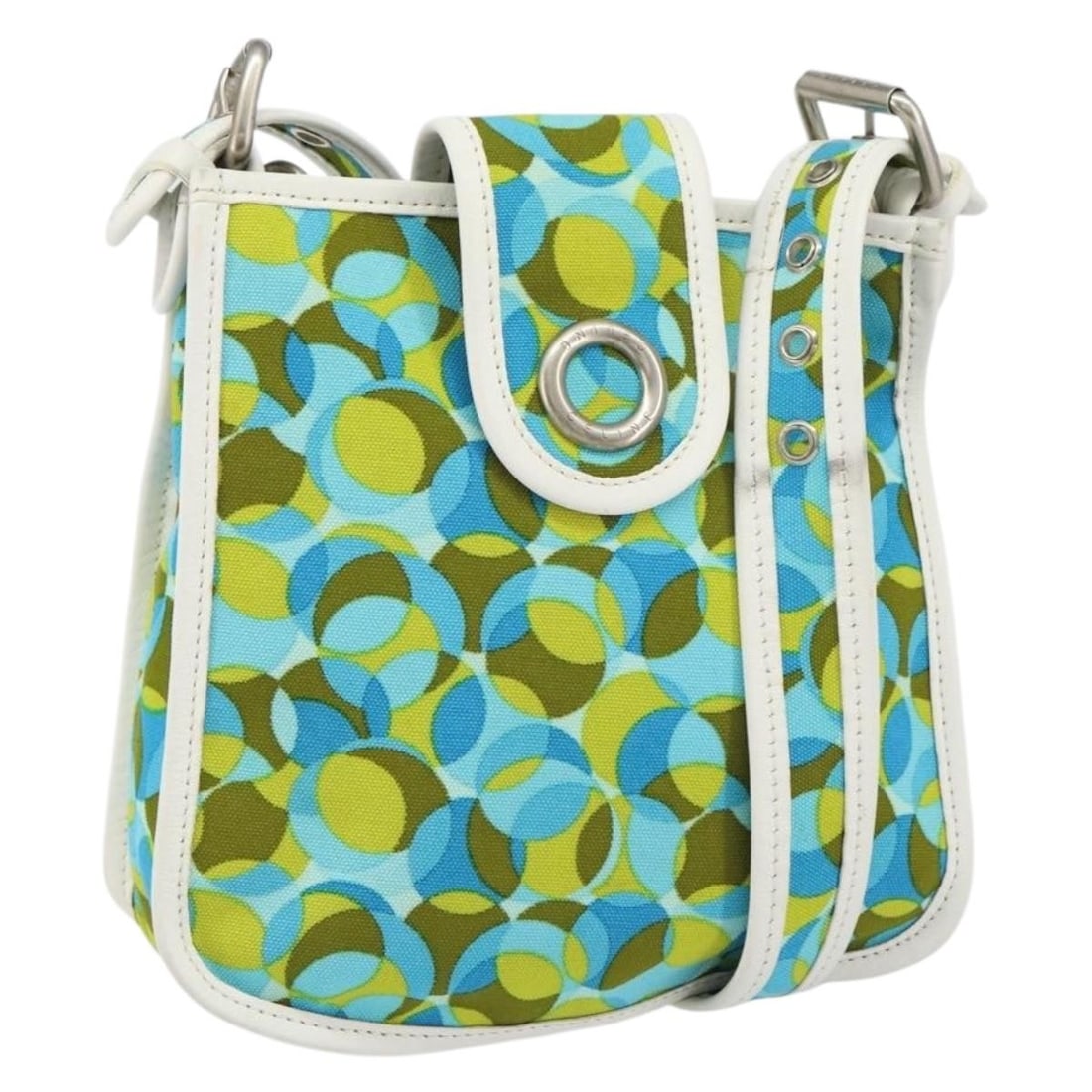 CELINE Canvas Leather Shoulder Bag Blue Light Green France: CELINE Canvas Leather Shoulder Bag Blue Light Green France Celine circle shoulder bag in blue and light green canvas with leather trim. Made in France, this women's shoulder bag includes a dust bag. C
