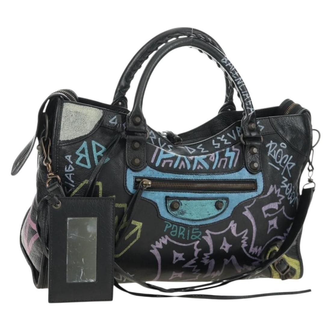 Balenciaga 115748 Graffiti leather 2way handbag black with strap mirror: Balenciaga 115748 Graffiti leather 2way handbag black with strap mirror Balenciaga Graffiti The City hand bag in black leather, made in Italy. This women's bag includes a shoulder strap and mirror, an