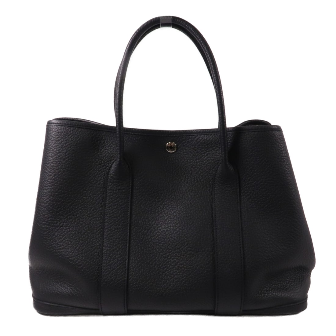 Hermes Garden Party PM Negonda Leather Noir Handbag PHW: Hermes Garden Party PM Negonda Leather Noir Handbag PHW Handbag in Noir black, featuring Negonda leather with calfskin trim. It is the Garden Party PM model with a hook button closure and one inside z