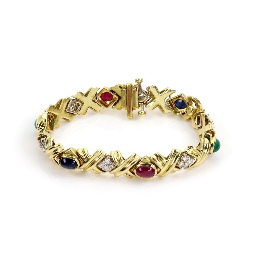 18k Gold X Link Bracelet with Diamonds and Multicolor Cabochon Gemstones (1 of 4)