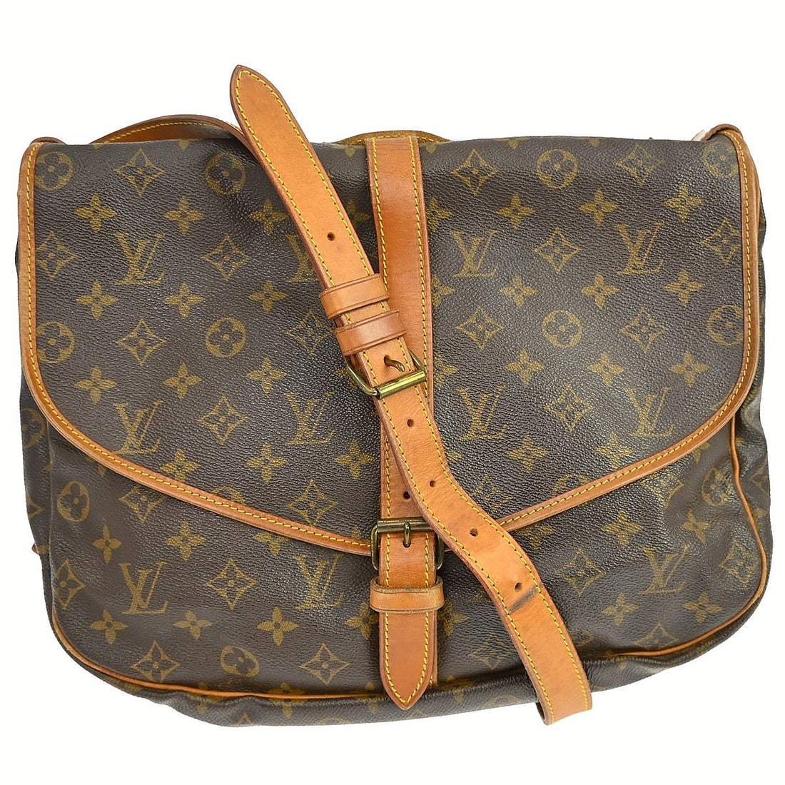 Louis Vuitton Saumur 35 Monogram Canvas Shoulder Bag M42254: Louis Vuitton Saumur 35 Monogram Canvas Shoulder Bag M42254 Vintage Louis Vuitton Saumur 35 shoulder bag in Monogram canvas and leather, made in France. It features a buckle closure, brown exterior an