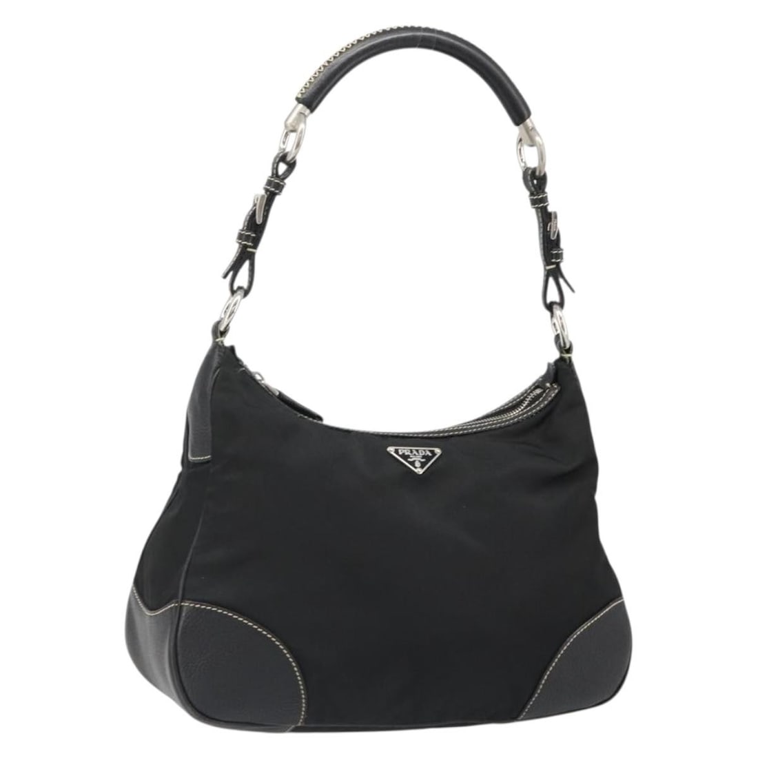 PRADA Black Nylon Shoulder Bag with Leather Trim Dust Bag: PRADA Black Nylon Shoulder Bag with Leather Trim Dust Bag A Prada shoulder bag in black and silver, made from nylon with leather details. It comes with a dust bag and was made in Italy. The bag measur