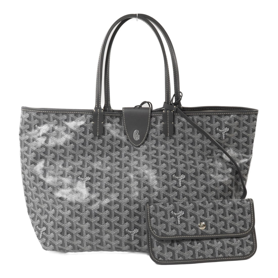 Goyard Saint Louis PM Gray Coated Canvas Tote with Pouch: Goyard Saint Louis PM Gray Coated Canvas Tote with Pouch A Saint Louis PM tote bag in gray, made from PVC coated canvas. It comes with storage bags and a pouch with Goyard magnet clip, along with a po