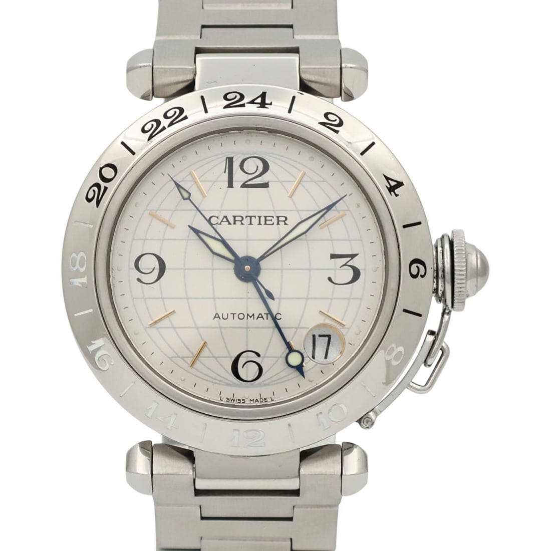 Cartier W31029M7 Pasha C GMT automatic stainless steel ladies watch: Cartier W31029M7 Pasha C GMT automatic stainless steel ladies watch Cartier Pasha C GMT W31029M7 automatic watch in silver stainless steel, designed for ladies. It features automatic winding, a date d