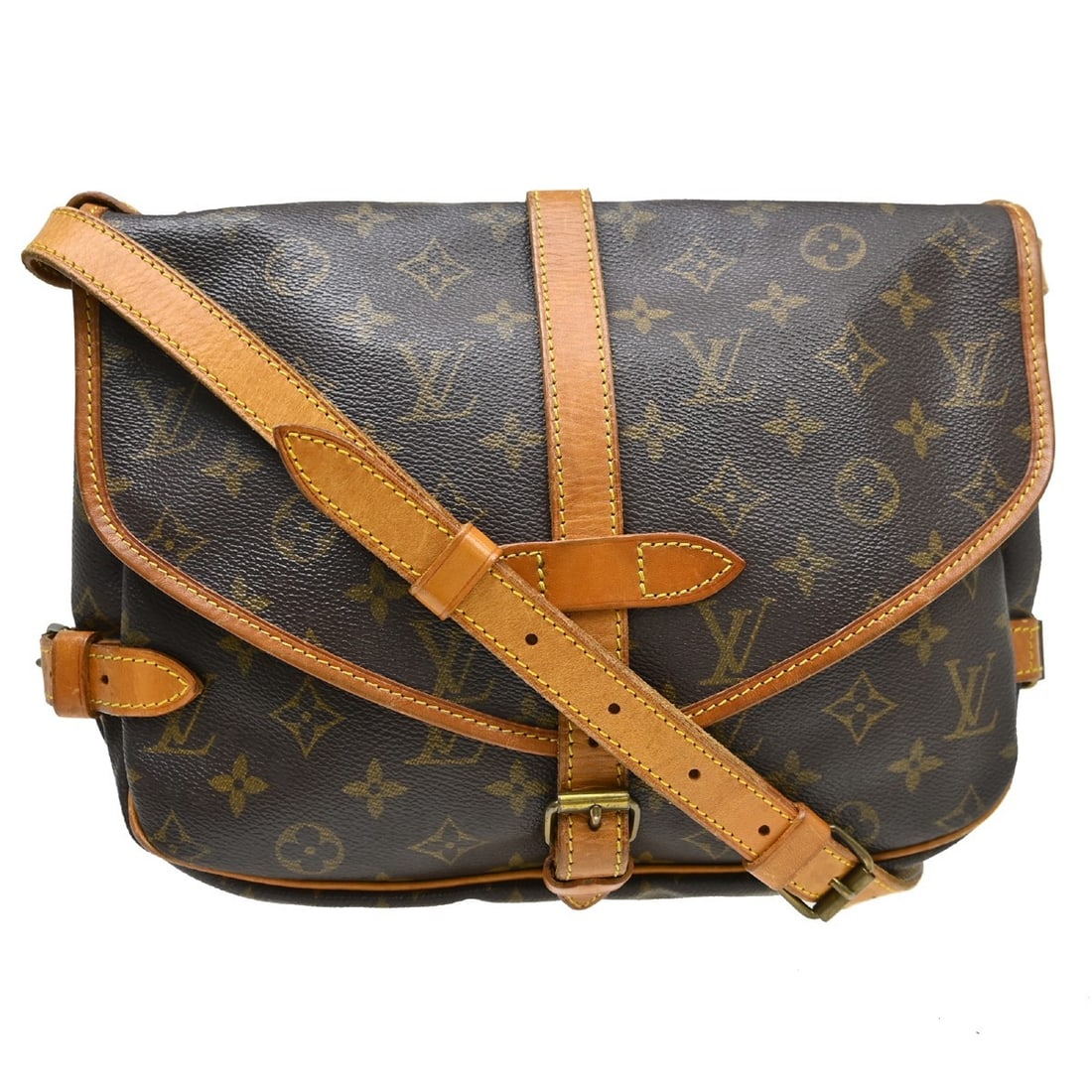 Louis Vuitton Saumur 30 Monogram Canvas Shoulder Bag M42256: Louis Vuitton Saumur 30 Monogram Canvas Shoulder Bag M42256 Vintage Louis Vuitton Saumur 30 shoulder bag in Monogram canvas and leather, made in France. It features a buckle flap closure, one interior