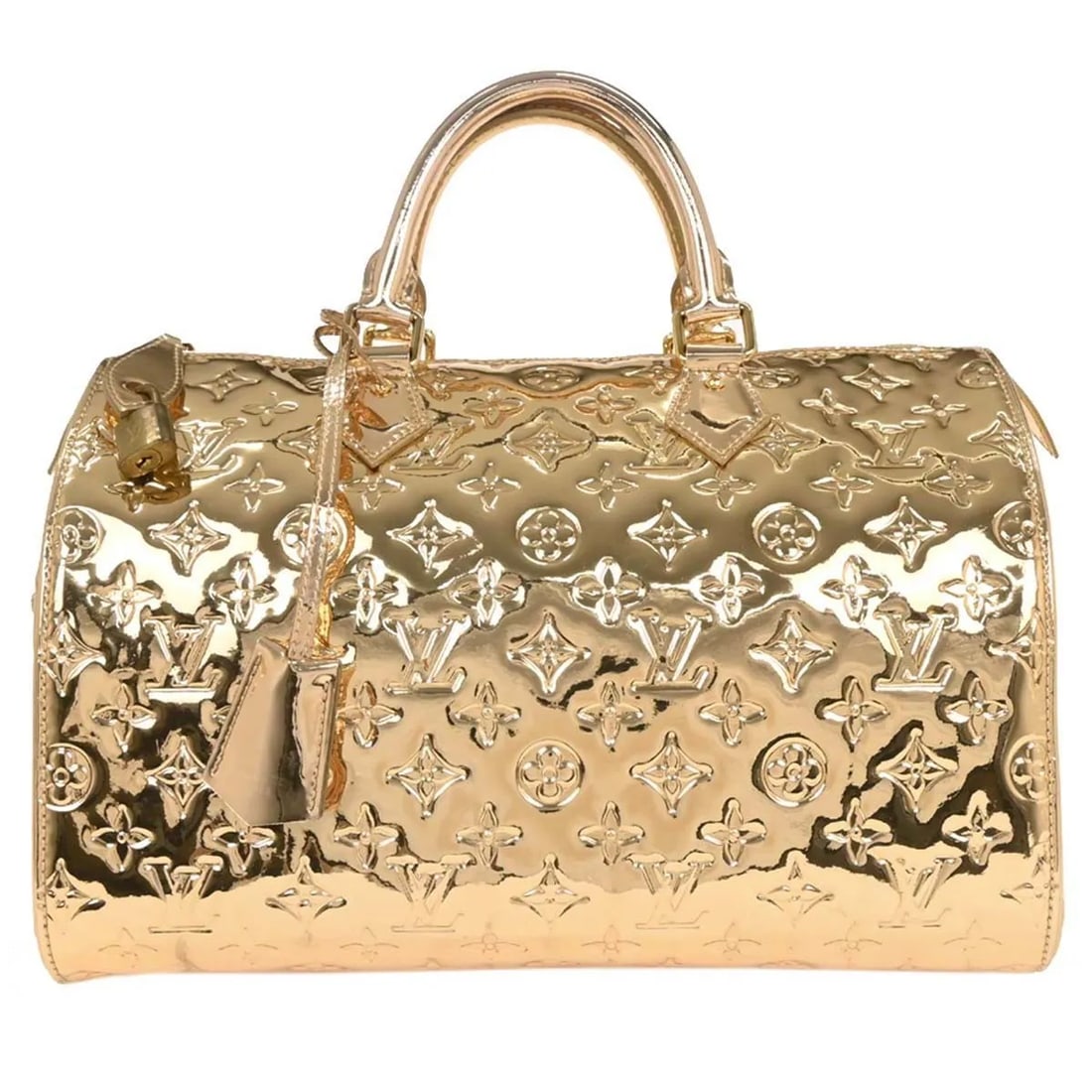 Louis Vuitton Speedy Gold Monogram Miroir Canvas Handbag: Louis Vuitton Speedy Gold Monogram Miroir Canvas Handbag This Louis Vuitton Speedy handbag features the iconic Monogram Miroir design in a striking gold color. Crafted from durable canvas, the bag off