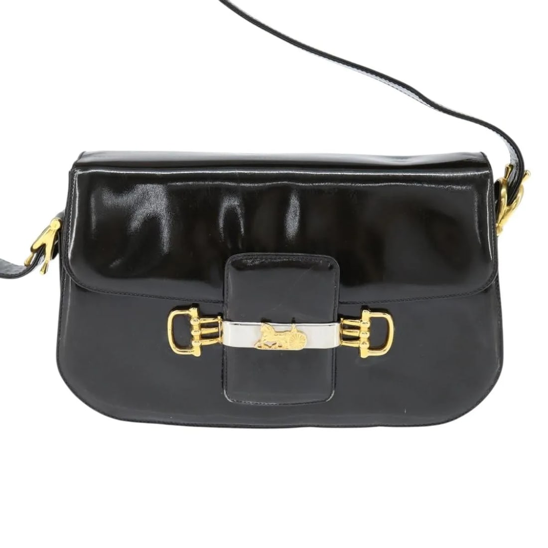 Celine Patent Leather Vintage Carriage Flap Clutch Black: Celine Patent Leather Vintage Carriage Flap Clutch Black This vintage Celine Carriage Flap Clutch is crafted from black patent leather and designed for female use. The pre-owned clutch features a flap