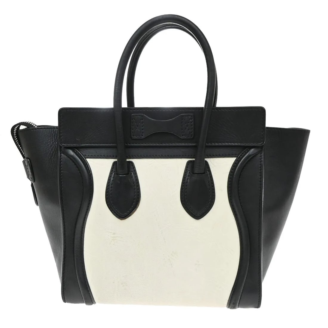 Celine Bicolor Luggage Handbag Black Leather 26cm: Celine Bicolor Luggage Handbag Black Leather 26cm Celine Bicolor Luggage Leather bag in black leather, made in Italy. It is described as a female model with fair condition. The exterior shows scuffs, 