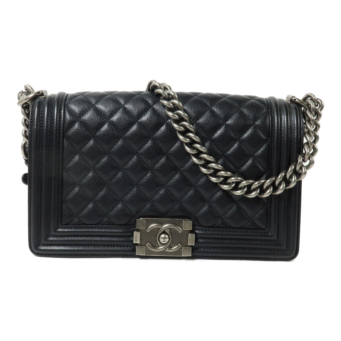 Chanel Boy 25 CC Black Calfskin Chain Shoulder Bag: Chanel Boy 25 CC Black Calfskin Chain Shoulder Bag A CHANEL Boy 25 chain shoulder bag in black calfskin leather with silver-tone hardware. The bag features a flap pocket and an open interior pocket, a