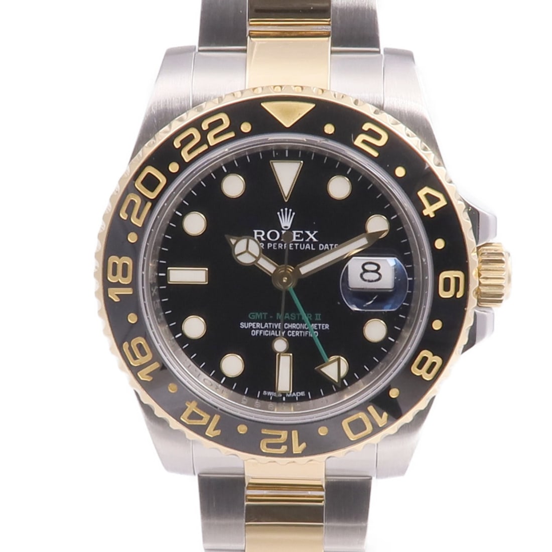 Rolex 116713LN GMT Master II automatic wristwatch in 18K yellow gold steel: Rolex 116713LN GMT Master II automatic wristwatch in 18K yellow gold steel ROLEX GMT Master II automatic watch, model 116713LN, with a black dial and black bezel. It features 18K yellow gold and stain