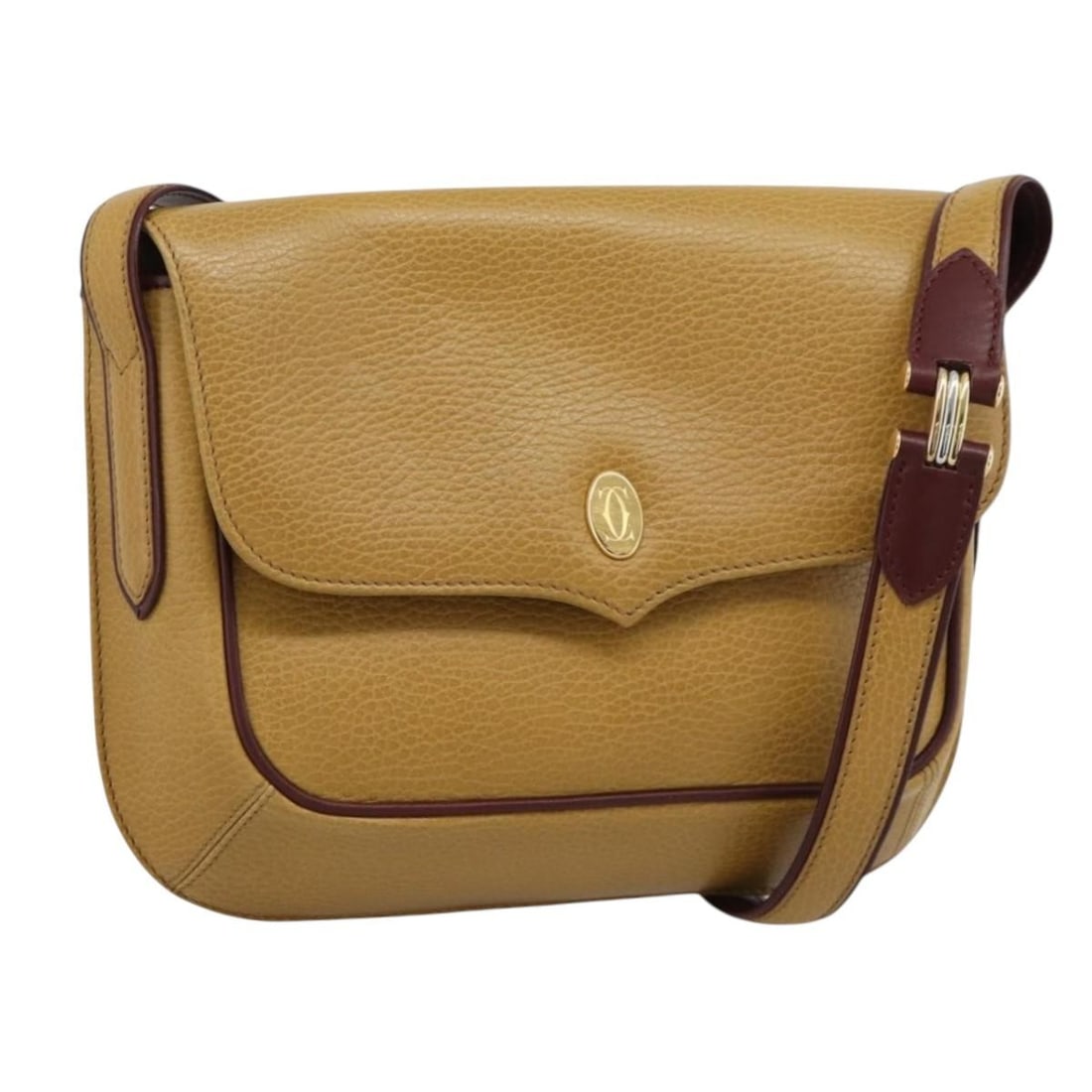 Cartier Leather Shoulder Bag in Yellow Gold Tone: Cartier Leather Shoulder Bag in Yellow Gold Tone Cartier shoulder bag in leather with a yellow/gold exterior color. Made in Italy, this women's bag measures approximately 24 cm wide x 18 cm high x 5 c