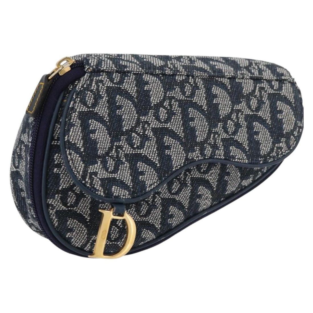 Christian Dior Saddle Pouch in Navy Gold Trotter Canvas: Christian Dior Saddle Pouch in Navy Gold Trotter Canvas Christian Dior saddle pouch in navy and gold Trotter canvas. Made in Spain, this men's pouch features the signature saddle-inspired silhouette a