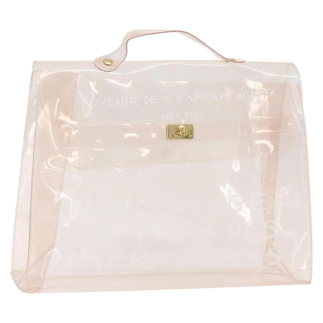 Hermes Kelly Souvenir Clear Plastic Handbag: Hermes Kelly Souvenir Clear Plastic Handbag This Hermes Kelly Souvenir Bag is crafted from clear plastic and features a structured silhouette. The bag is designed for female use and comes in a transpa
