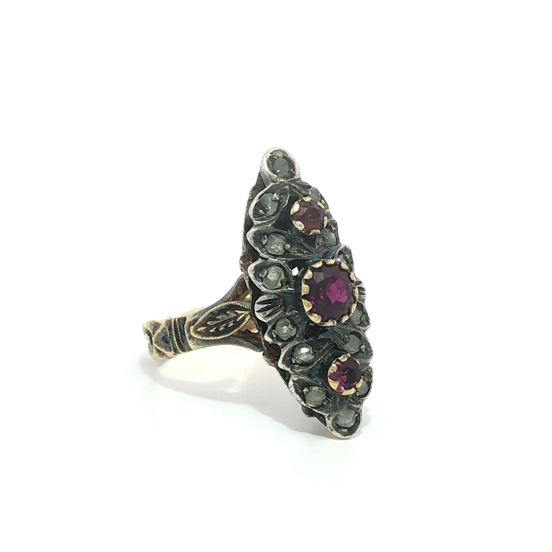 Antique 18k Gold Silver Diamond Pink Stone Navette Cocktail Ring: Antique 18k Gold Silver Diamond Pink Stone Navette Cocktail Ring This exquisite antique navette ring showcases a stunning combination of 18k yellow gold and silver, enhanced by hand engraving. The rin