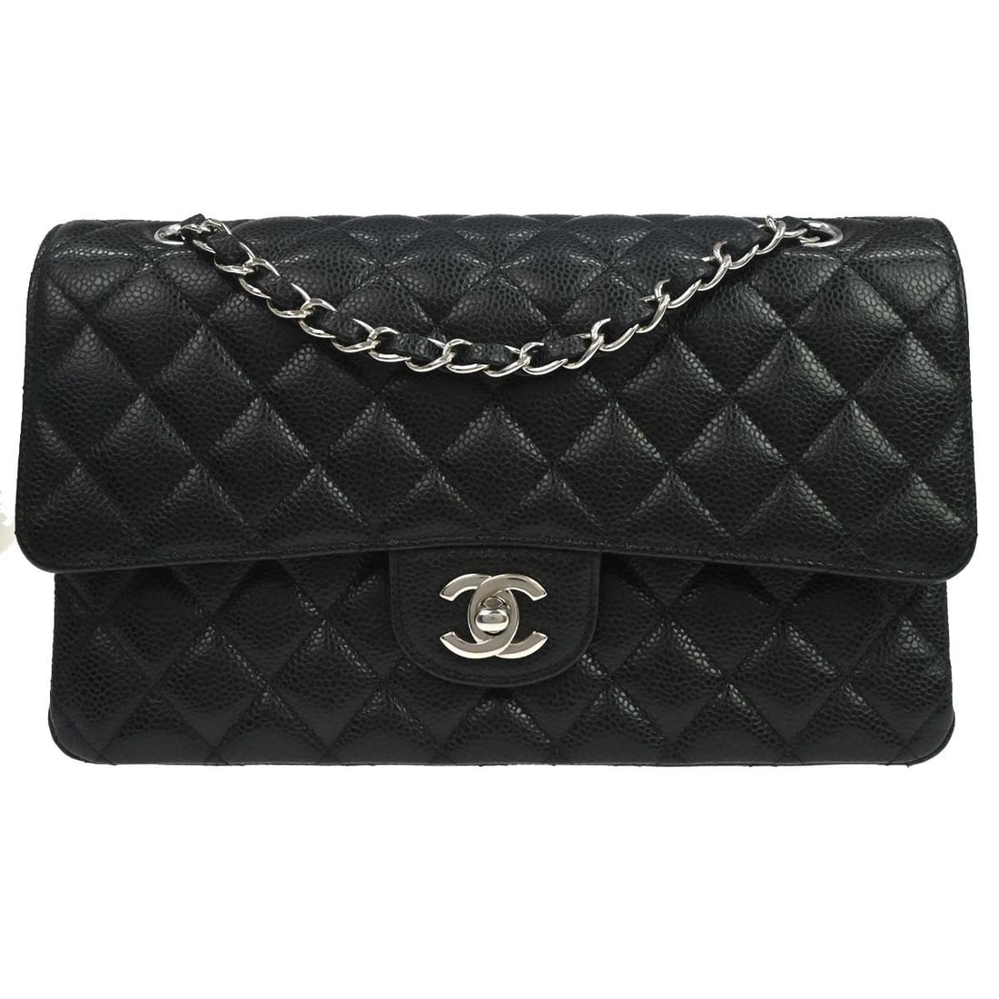 CHANEL Classic Double Flap Medium Shoulder Bag Black Caviar Leather: CHANEL Classic Double Flap Medium Shoulder Bag Black Caviar Leather Black Chanel Medium Classic Double Flap Shoulder Bag in caviar skin leather, made in France. It features a turn-lock closure, should