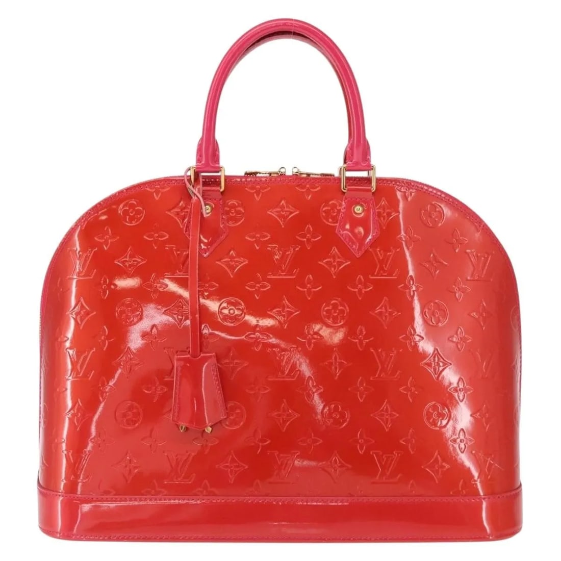 Louis Vuitton Alma Red Patent Leather Handbag: Louis Vuitton Alma Red Patent Leather Handbag This Louis Vuitton Alma handbag features the iconic Monogram Vernis patent leather in a vibrant red color, designed for women. The structured silhouette m
