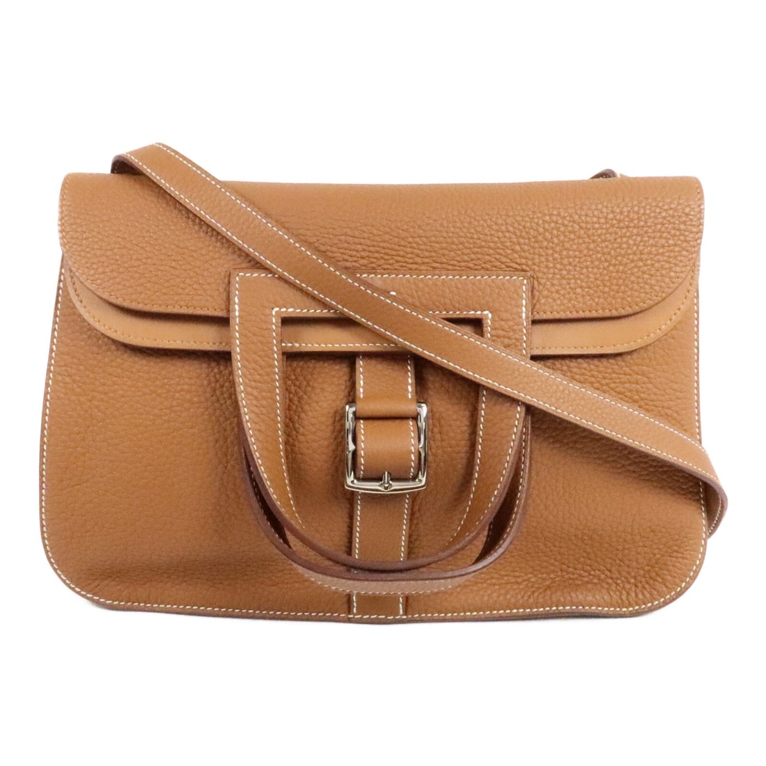 HERMES Halzan 31 Clemence Calfskin 2 Way Shoulder Bag Brown PHW: HERMES Halzan 31 Clemence Calfskin 2 Way Shoulder Bag Brown PHW Hermes Halzan 31 2 Way Shoulder Handbag in brown and gold, made from calfskin (cowhide). This women's regular-size bag is a 2-way should