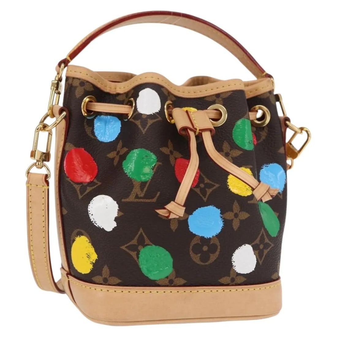 Louis Vuitton Noe Canvas Handbag with Yayoi Kusama Painted Dots: Louis Vuitton Noe Canvas Handbag with Yayoi Kusama Painted Dots This Louis Vuitton Noe handbag features the classic monogram canvas enhanced with Yayoi Kusama's signature painted dots design. Designed