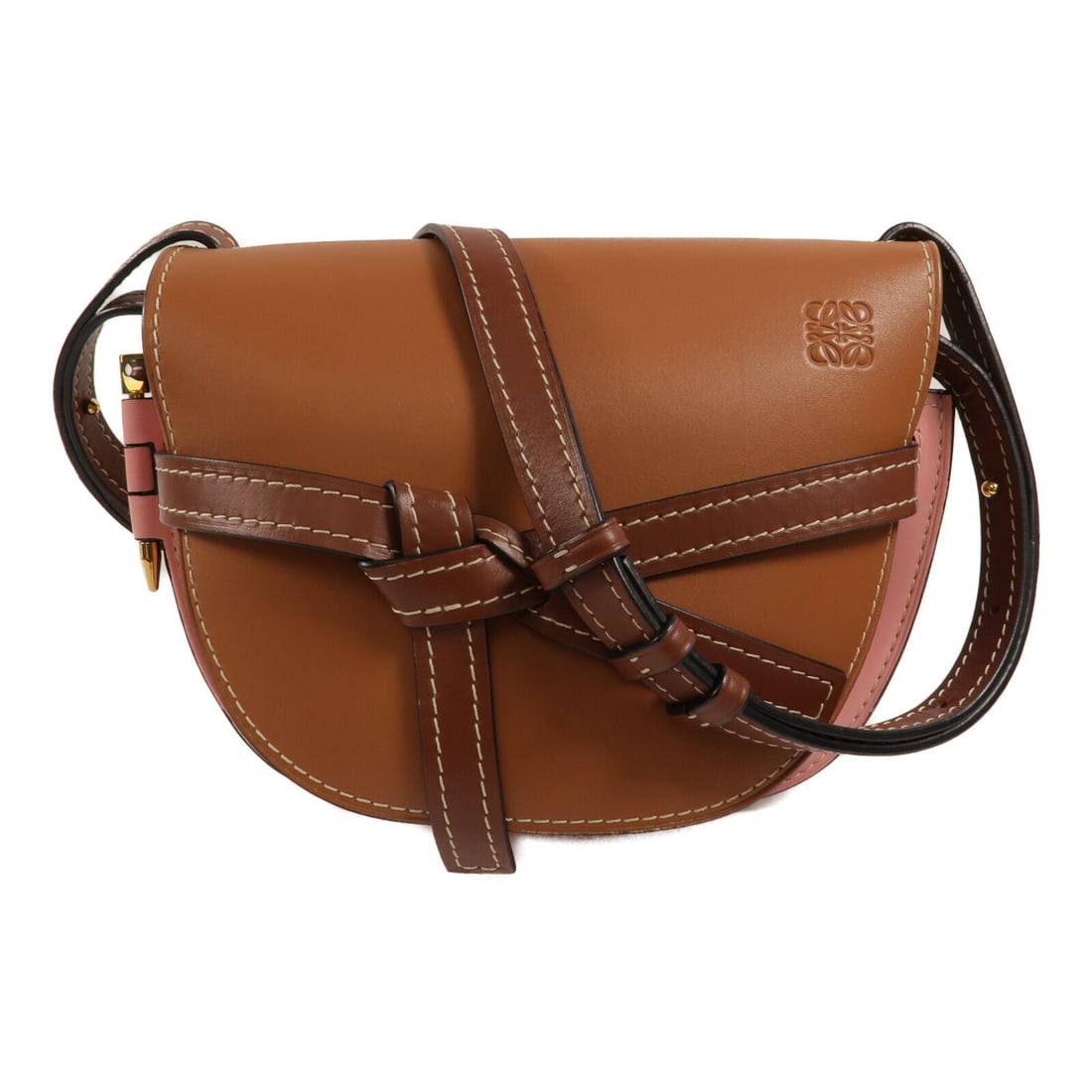 LOEWE Gate Medium Calfskin Shoulder Bag Brown Pink: LOEWE Gate Medium Calfskin Shoulder Bag Brown Pink LOEWE Gate Medium shoulder bag in calfskin leather with a brown and pink color combination. This regular-size women's bag is made in Spain and comes 