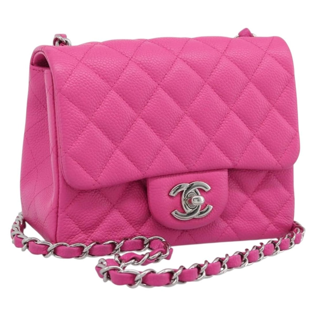 CHANEL Mini Matelasse Pink Caviar Skin Shoulder Bag Silver CC: CHANEL Mini Matelasse Pink Caviar Skin Shoulder Bag Silver CC A CHANEL Mini Matelasse 17 chain shoulder bag in pink with silver-tone accents, made from caviar skin. It measures approximately W17 cm x 