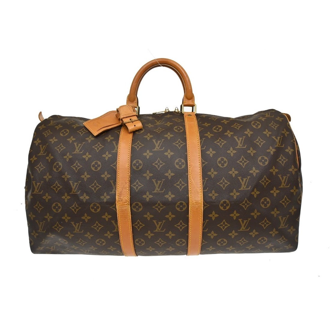 Louis Vuitton Keepall 55 Monogram Canvas Duffle Bag M41424: Louis Vuitton Keepall 55 Monogram Canvas Duffle Bag M41424 Vintage Louis Vuitton Keepall 55 travel handbag in brown Monogram canvas with leather trim and double handles. This extra-large duffle-style 