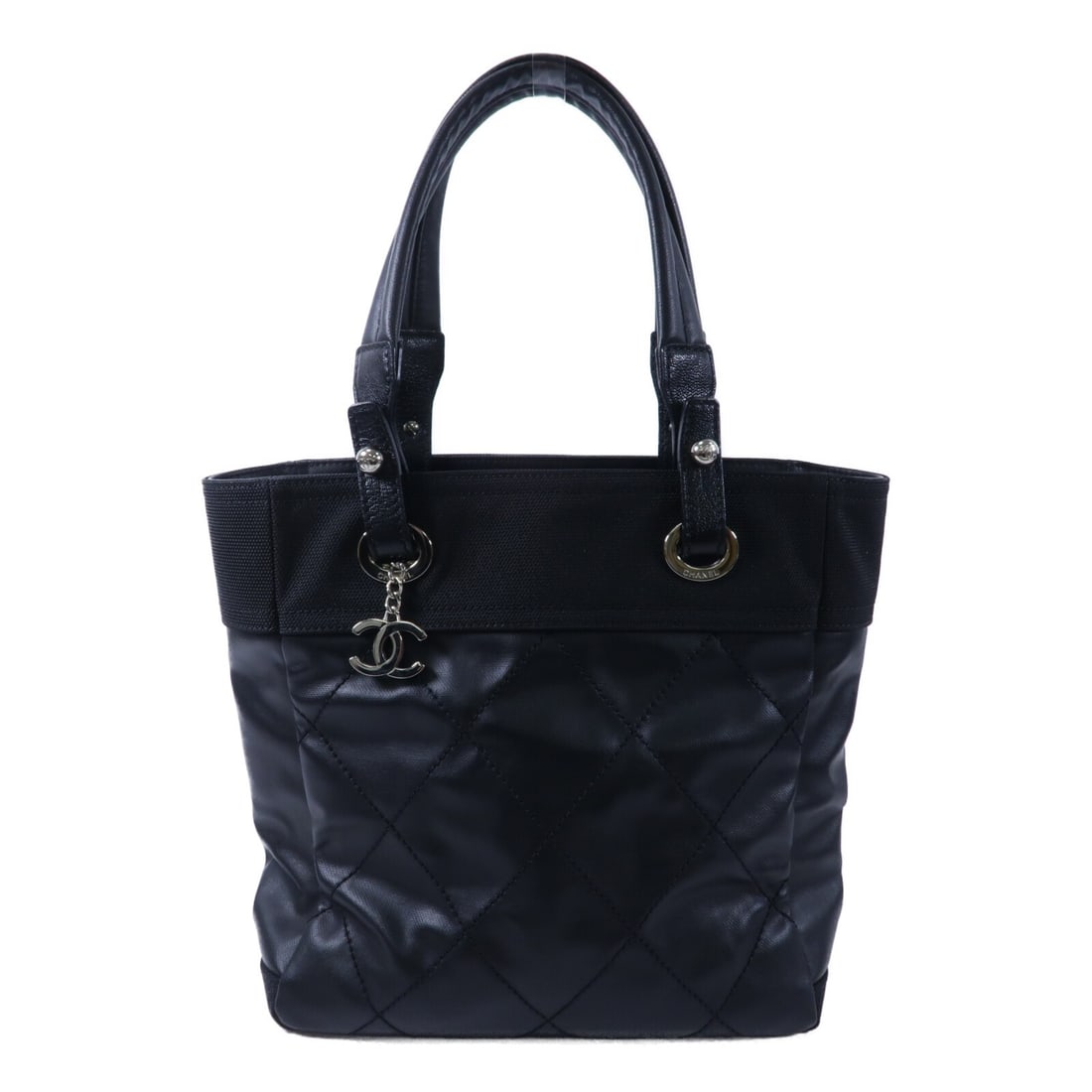 CHANEL Biarritz CC Tote Bag Black Leather with Storage Bag: CHANEL Biarritz CC Tote Bag Black Leather with Storage Bag A CHANEL Biarritz tote bag in black, featuring CC SHW details and a coated canvas/canvas exterior with leather noted in the description. It o