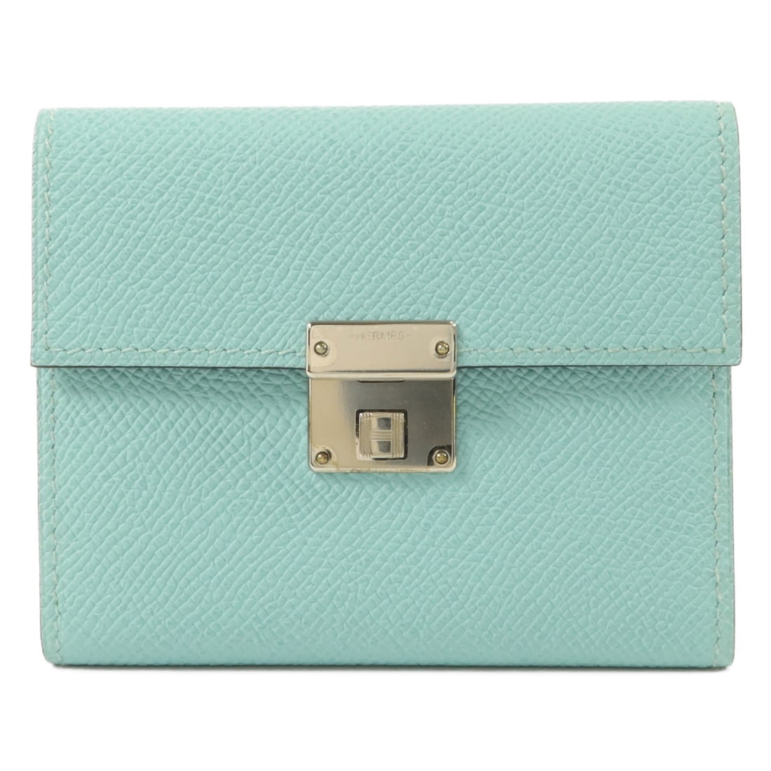 Hermes Clic 12 Epsom Calfskin Card Holder Bleu Atoll Malachite: Hermes Clic 12 Epsom Calfskin Card Holder Bleu Atoll Malachite Hermes PHW Clic 12 card holder in Epsom leather, presented in Bleu Atoll/Malachite. It features a flap pocket design with capacity for ca