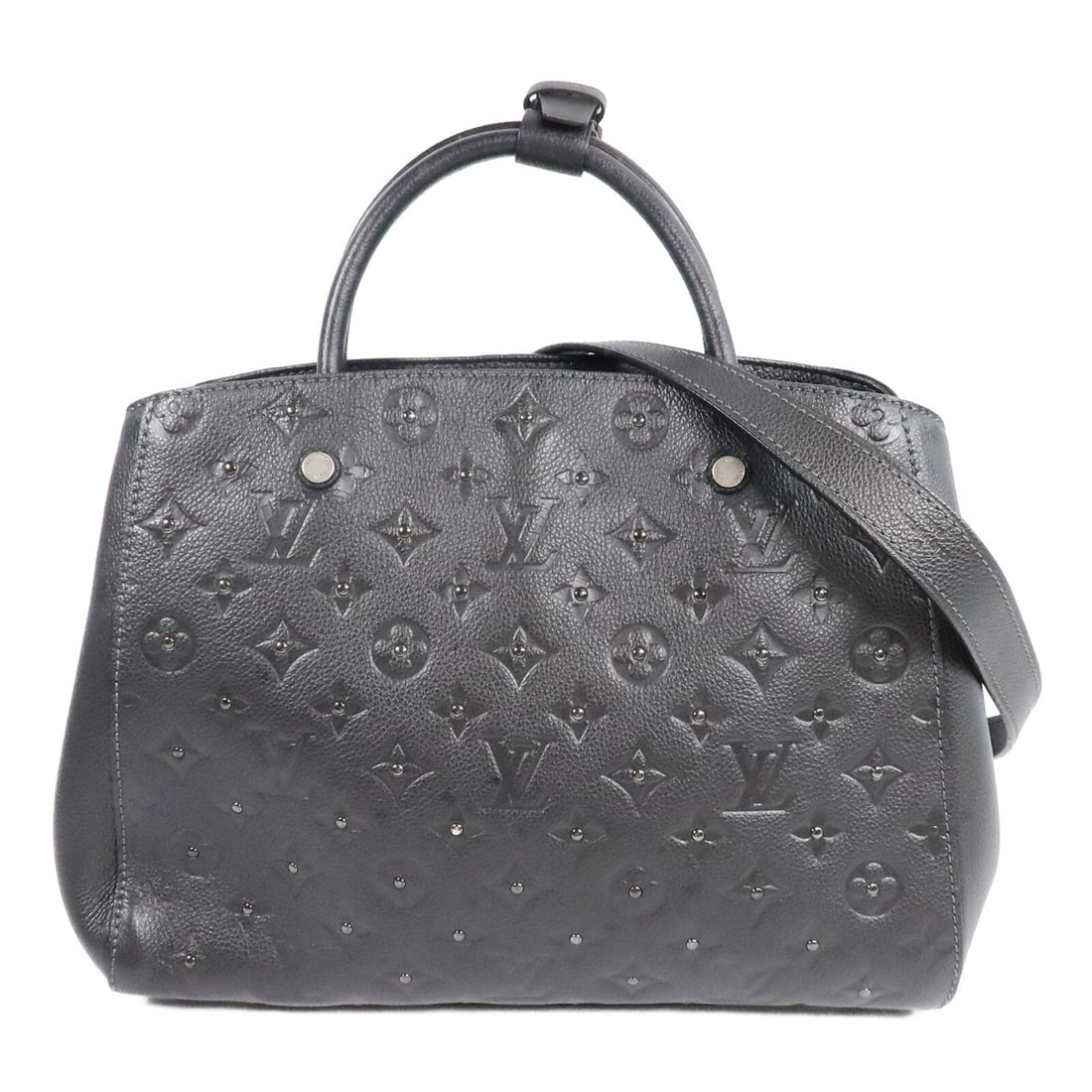Louis Vuitton Montaigne BB Monogram Empreinte Calfskin 2 Way Bag M50665: Louis Vuitton Montaigne BB Monogram Empreinte Calfskin 2 Way Bag M50665 The Louis Vuitton Montaigne BB is a 2-way shoulder bag in Monogram Empreinte and calfskin (cowhide), presented in Black x Black.