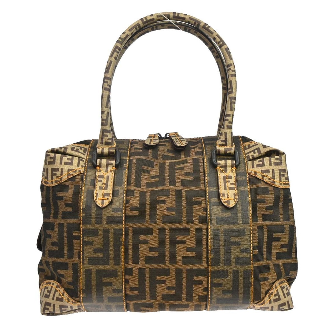 Fendi Zucca Boston Bag Brown Beige Canvas Nylon Top Handle: Fendi Zucca Boston Bag Brown Beige Canvas Nylon Top Handle Fendi Zucca mixed media handbag in brown and beige with logo accents and a structured Boston bag silhouette. Made in Italy, this women's top 