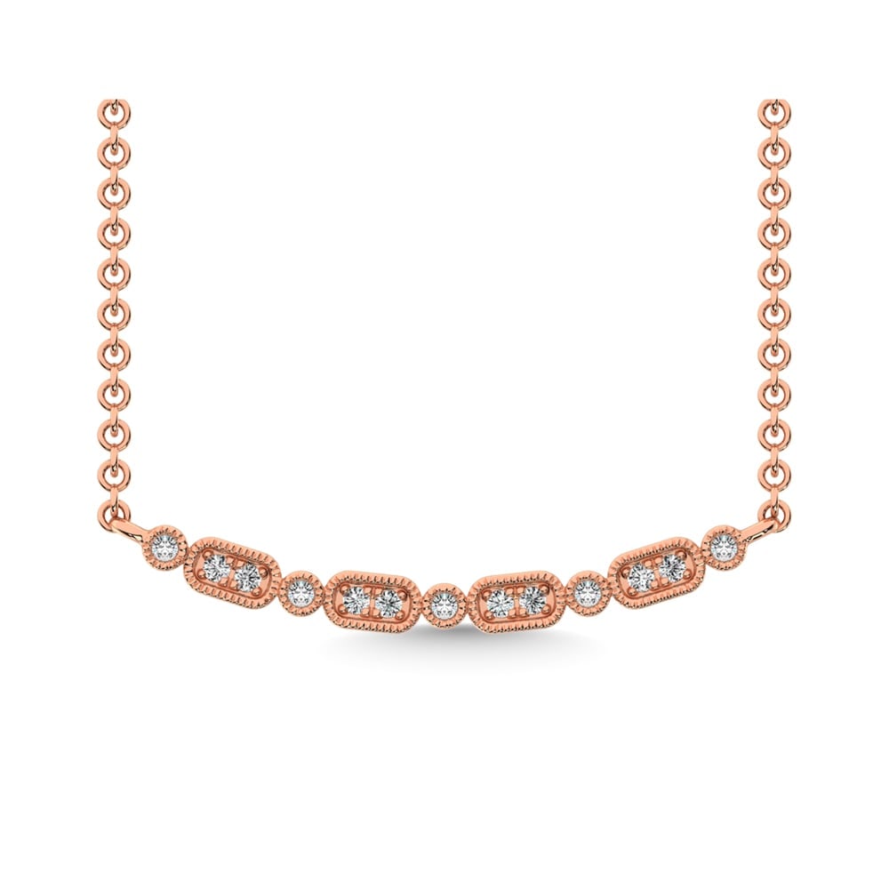 14K Rose Gold 1/10 Ct.Tw. Diamond Stackable Necklace: 14K Rose Gold 1/10 Ct.Tw. Diamond Stackable Necklace This Glamorous Necklace Is Available In 14K Rose Gold. There Are 13 Round Diamonds With A Total Carat Weight Of 1/10 Ct.Tw. Set In A Bezel / Micro 