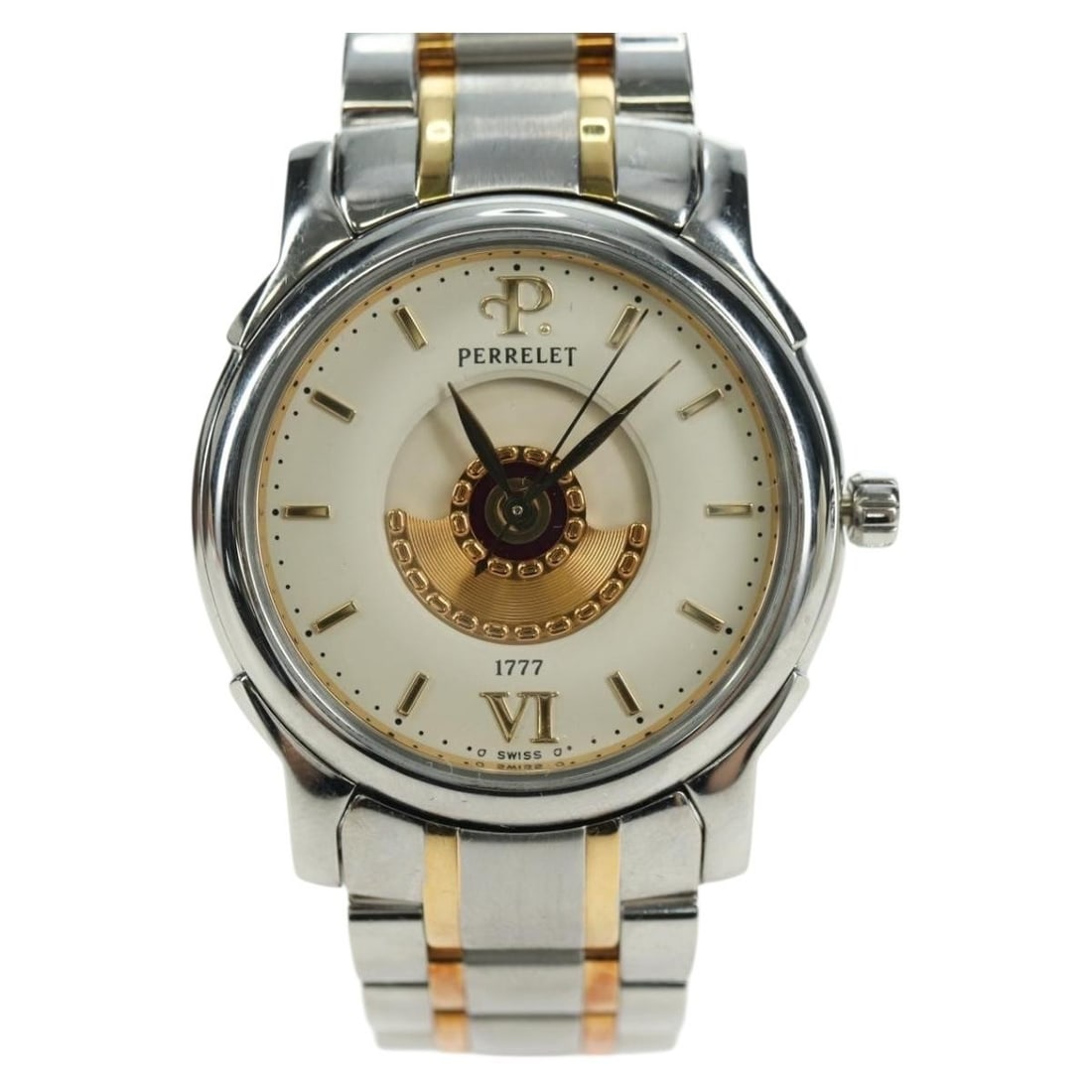 PERRELET No 45 double rotor wristwatch stainless steel silver tone: PERRELET No 45 double rotor wristwatch stainless steel silver tone Perrelet women's wristwatch in a silver stainless steel two-tone design. This watch is made in Switzerland and comes with its item bo