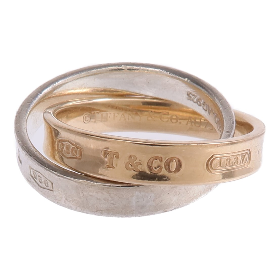 Tiffany Co 1837 Interlocking Circles Ring 18K Rose Gold Silver 4.75: Tiffany Co 1837 Interlocking Circles Ring 18K Rose Gold Silver 4.75 Tiffany & Co. 1837 Interlocking Circles ring in 18K pink gold and 925 silver, sized US 4.75. The piece is described as a women's rin
