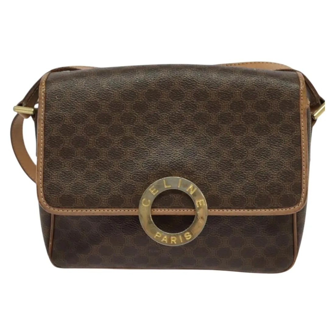 Celine Vintage Macadam Circle Logo Shoulder Bag Canvas Leather: Celine Vintage Macadam Circle Logo Shoulder Bag Canvas Leather This Celine vintage Macadam Circle Logo shoulder bag features a classic brown canvas exterior complemented by leather accents. Designed f