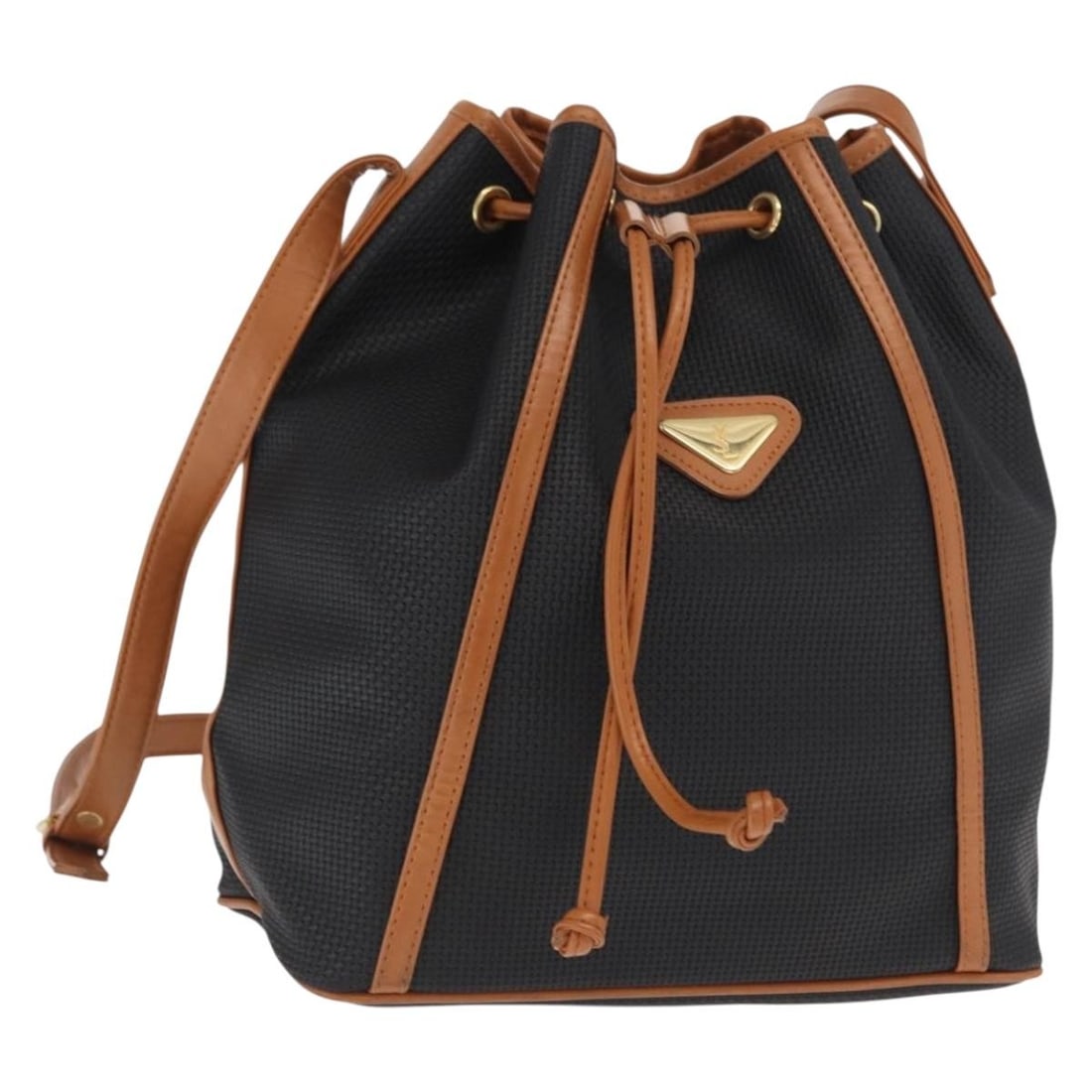 Black and Brown Coated Canvas Saint Laurent Shoulder Bag Gold Tone Details: Black and Brown Coated Canvas Saint Laurent Shoulder Bag Gold Tone Details This SAINT LAURENT shoulder bag features a stylish design crafted from black and brown coated canvas with gold accents. The b
