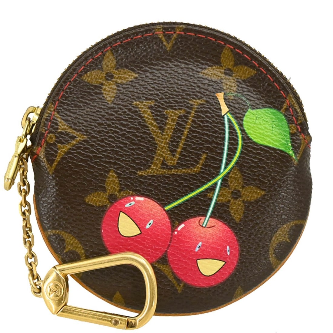 Louis Vuitton Porte Monnaie Rond Cherry Monogram Coin Purse M95043: Louis Vuitton Porte Monnaie Rond Cherry Monogram Coin Purse M95043 Louis Vuitton Cherry Porte Monnaie Rond coin case wallet in brown Monogram Cherry canvas with leather trim and a zip-around closure. 