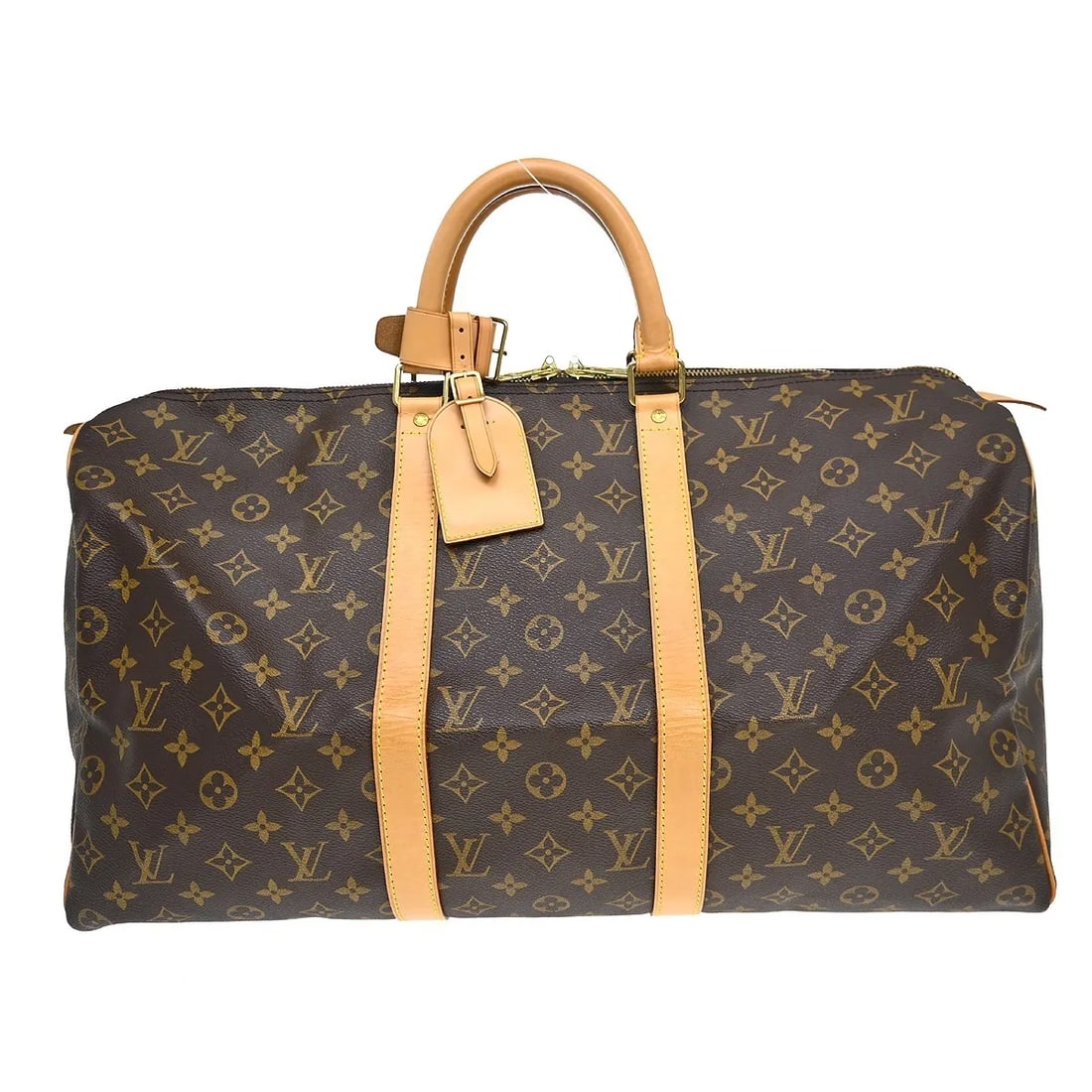 Louis Vuitton Keepall Monogram Canvas Travel Duffle 50cm: Louis Vuitton Keepall Monogram Canvas Travel Duffle 50cm This Louis Vuitton Keepall Bag features the signature Monogram Canvas in brown, designed for unisex use. The bag shows visible signs of wear, i