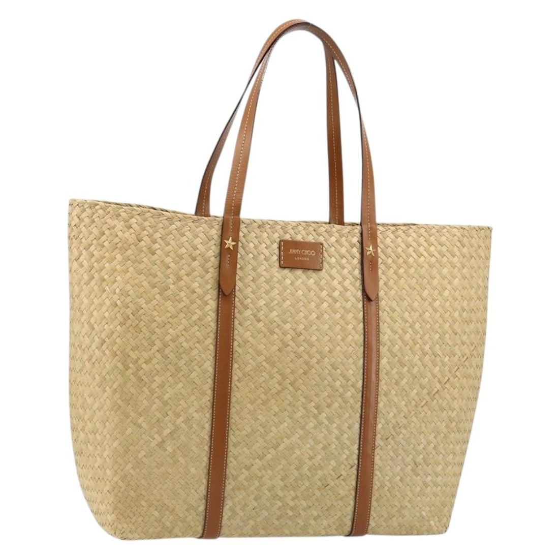 Jimmy Choo Beige Wood Tote Handbag: Jimmy Choo Beige Wood Tote Handbag Authentic Jimmy Choo tote bag in beige with a raffia-design title reference. This women's tote shows reasonable wear and tear consistent with condition rank B, inclu