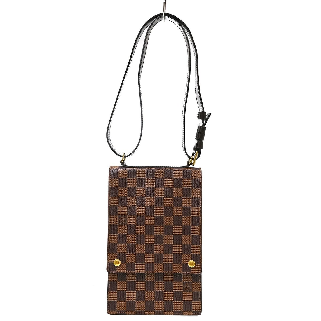 Louis Vuitton Portobello Damier Ebene Shoulder Bag N45271: Louis Vuitton Portobello Damier Ebene Shoulder Bag N45271 Vintage Louis Vuitton Damier Portobello shoulder bag in brown Ebene Damier canvas and leather. It features a flap button closure, adjustable s