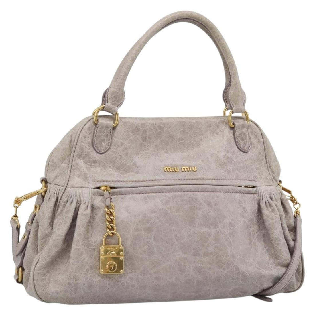 Miu Miu Leather 2way Handbag Beige Pink with Strap Dust Bag: Miu Miu Leather 2way Handbag Beige Pink with Strap Dust Bag Miu Miu leather 2way hand bag in beige, pink, and gold. It comes with a shoulder strap and dust bag, and was made in Italy. The bag is descr