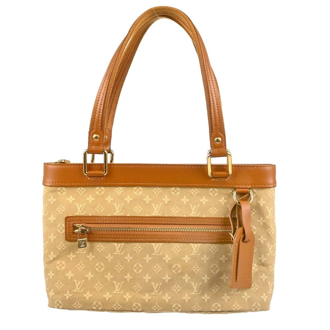 Louis Vuitton Lucille PM Beige Monogram Mini Lin Tote Bag M92684: Louis Vuitton Lucille PM Beige Monogram Mini Lin Tote Bag M92684 Louis Vuitton Lucille PM handbag in beige Monogram Mini Lin canvas with leather trim and brown leather double handles. It features a zi