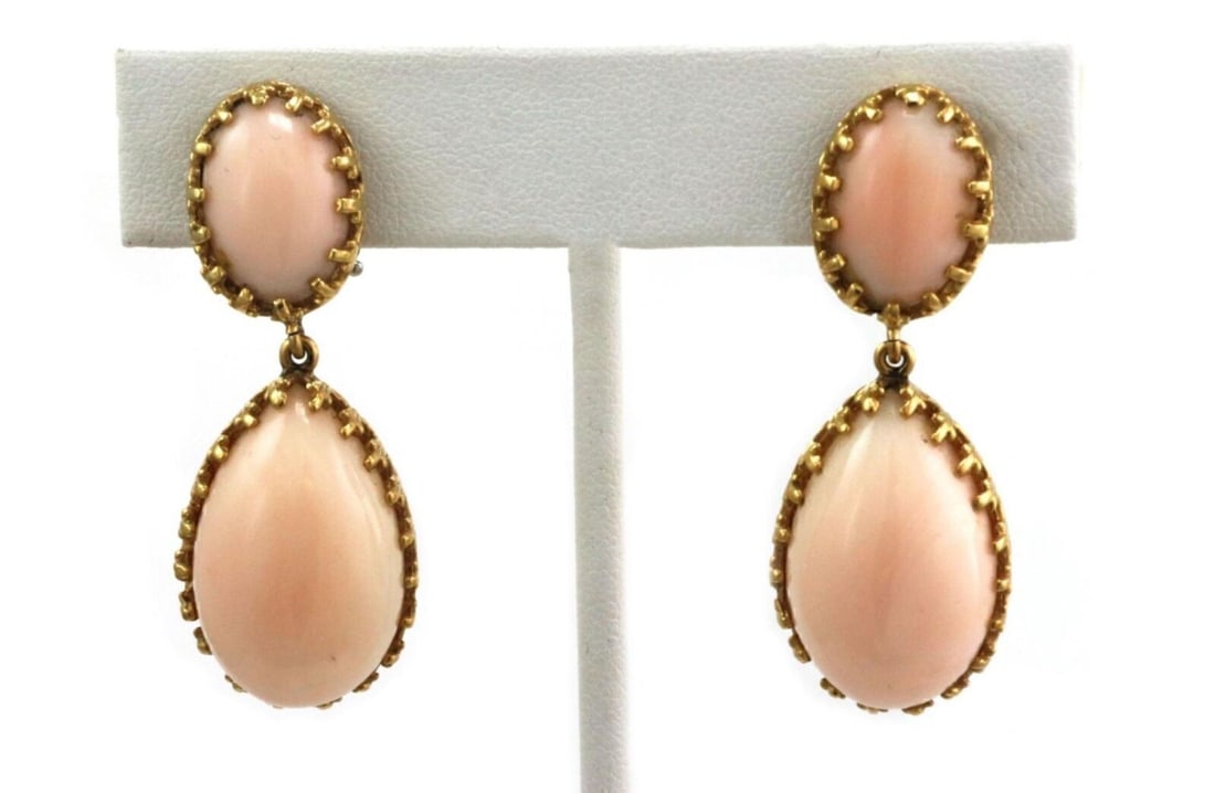 Cellini 18k Yellow Gold Coral Drop Dangle Earrings 2 Tier (1 of 7)