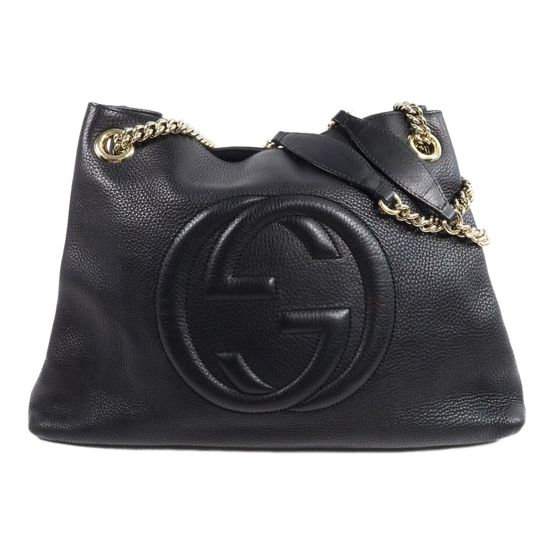 Gucci 308982 GG Chain Shoulder Bag Black Calfskin: Gucci 308982 GG Chain Shoulder Bag Black Calfskin A Gucci GG chain shoulder bag in black calfskin leather with gold-tone hardware. It features a chain shoulder strap and a practical interior layout wi