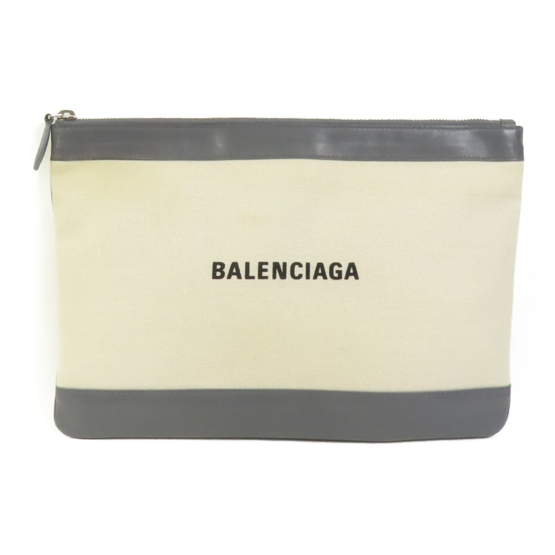 BALENCIAGA 420407 Navy Clip M canvas clutch beige gray: BALENCIAGA 420407 Navy Clip M canvas clutch beige gray Balenciaga Navy Clip M Clutch Bag in canvas with a beige and grey colorway. This women's regular-size clutch is made in France, with country of o