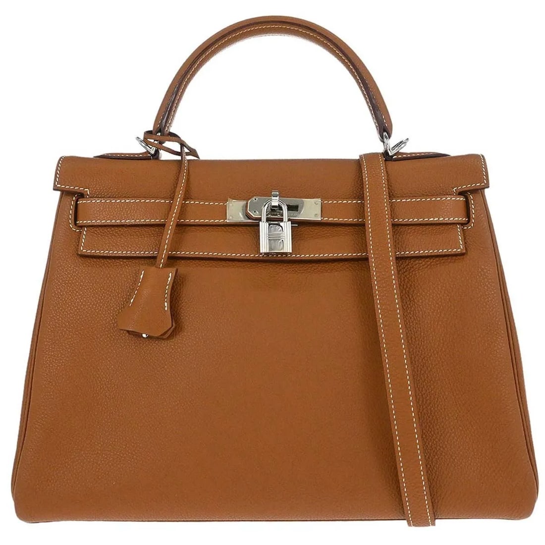 Hermes Kelly Brown Togo Leather Handbag Palladium Hardware: Hermes Kelly Brown Togo Leather Handbag Palladium Hardware This Hermes Kelly handbag features brown Togo leather complemented by palladium hardware. Designed for women, the bag measures 32cm x 23cm x 