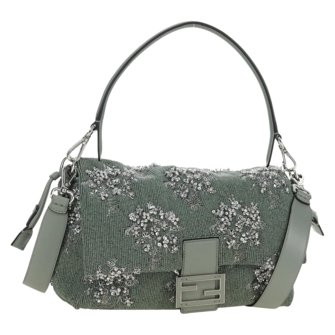 Fendi Mamma Baguette 2way Canvas Shoulder Bag Green Silver: Fendi Mamma Baguette 2way Canvas Shoulder Bag Green Silver FENDI Mamma Baguette shoulder bag in green and silver canvas, made in Italy. This 2-way style comes with a shoulder strap and dust bag. The b