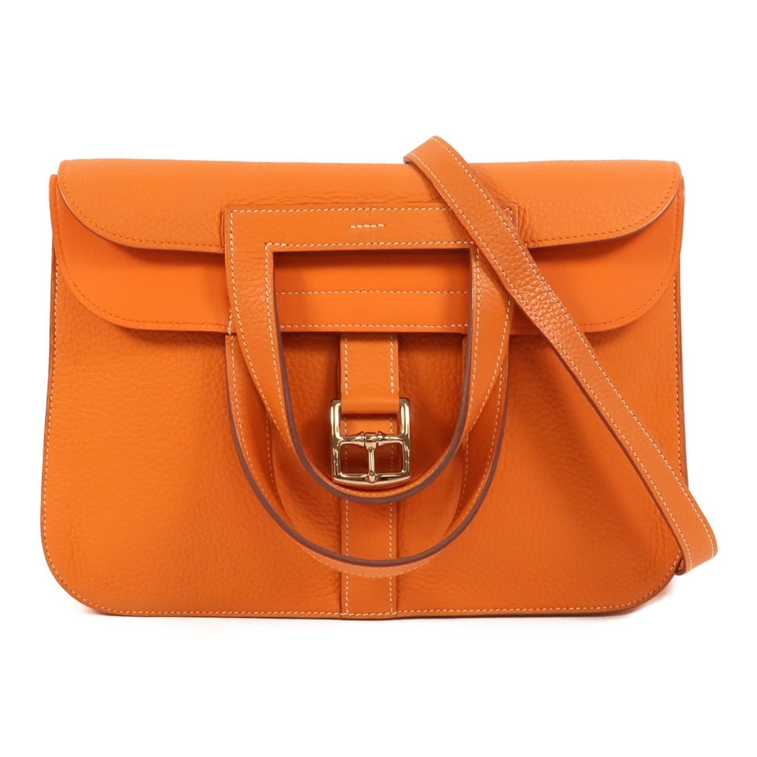 Hermes Halzan 31 2way shoulder bag orange Clemence leather PHW: Hermes Halzan 31 2way shoulder bag orange Clemence leather PHW Hermes Halzan 31 2-way shoulder handbag in orange Taurillon Clemence and calfskin (cowhide), made in France. The bag features a shoulder 