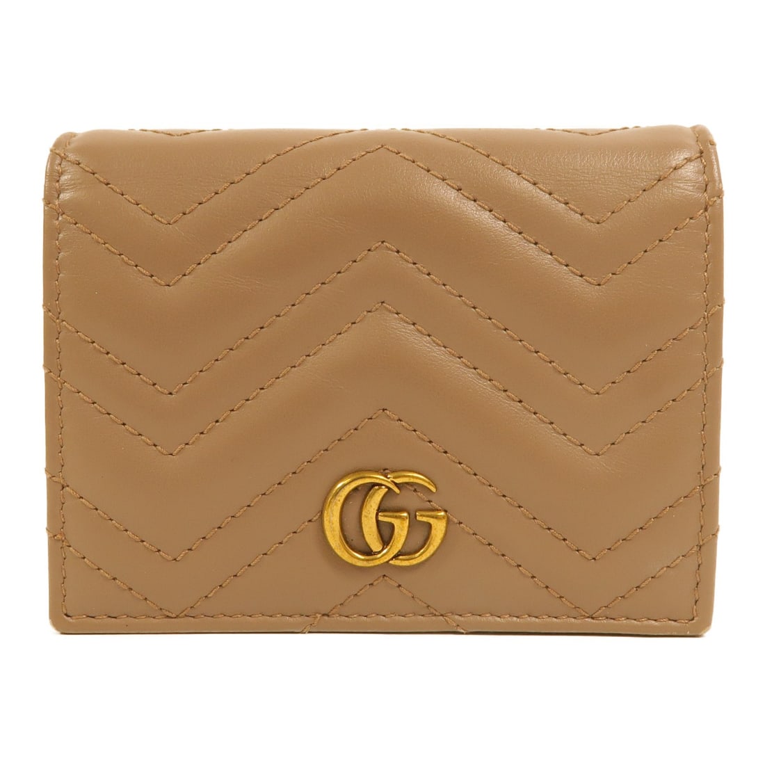GUCCI GG Marmont Bi Fold Wallet 466492 Beige Calfskin: GUCCI GG Marmont Bi Fold Wallet 466492 Beige Calfskin This GUCCI GG Marmont bi-fold wallet is made from beige calfskin (cowhide) leather and is designed for women. It features a hook button closure, c