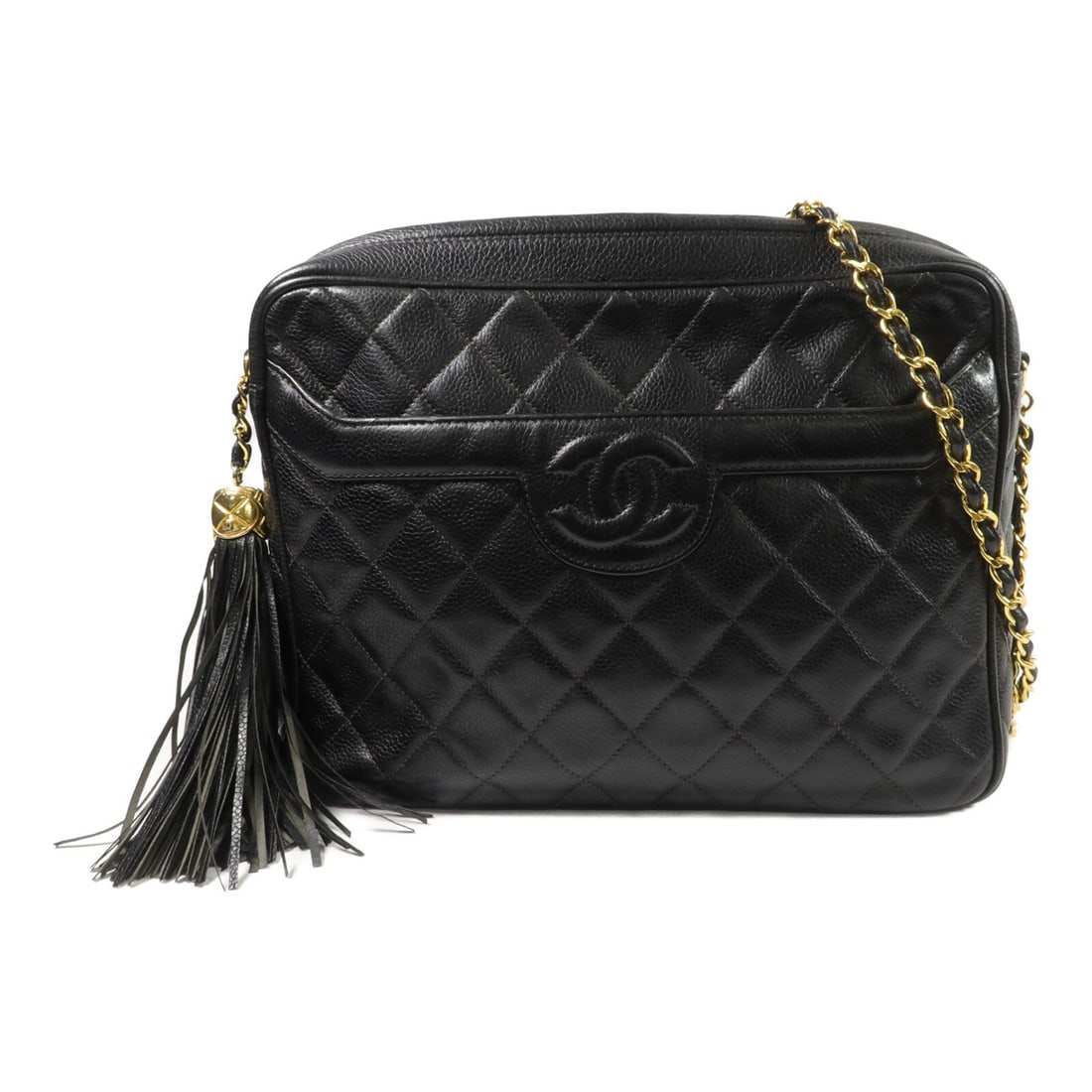 CHANEL CC Vintage Black Calfskin Chain Shoulder Bag GHW: CHANEL CC Vintage Black Calfskin Chain Shoulder Bag GHW Vintage CHANEL CC GHW shoulder bag in black calfskin leather. It features a chain shoulder strap, black-on-black colorway, and a practical inter