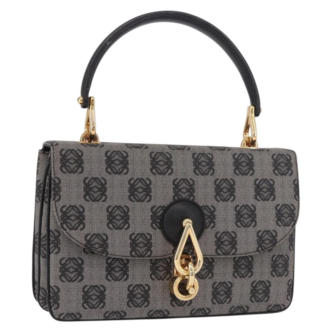 LOEWE Anagram Gray PVC Leather Handbag with Dust Bag: LOEWE Anagram Gray PVC Leather Handbag with Dust Bag A LOEWE Anagram hand bag in gray and gold, made from PVC leather. It comes with a dust bag and shows reasonable wear and tear consistent with its B
