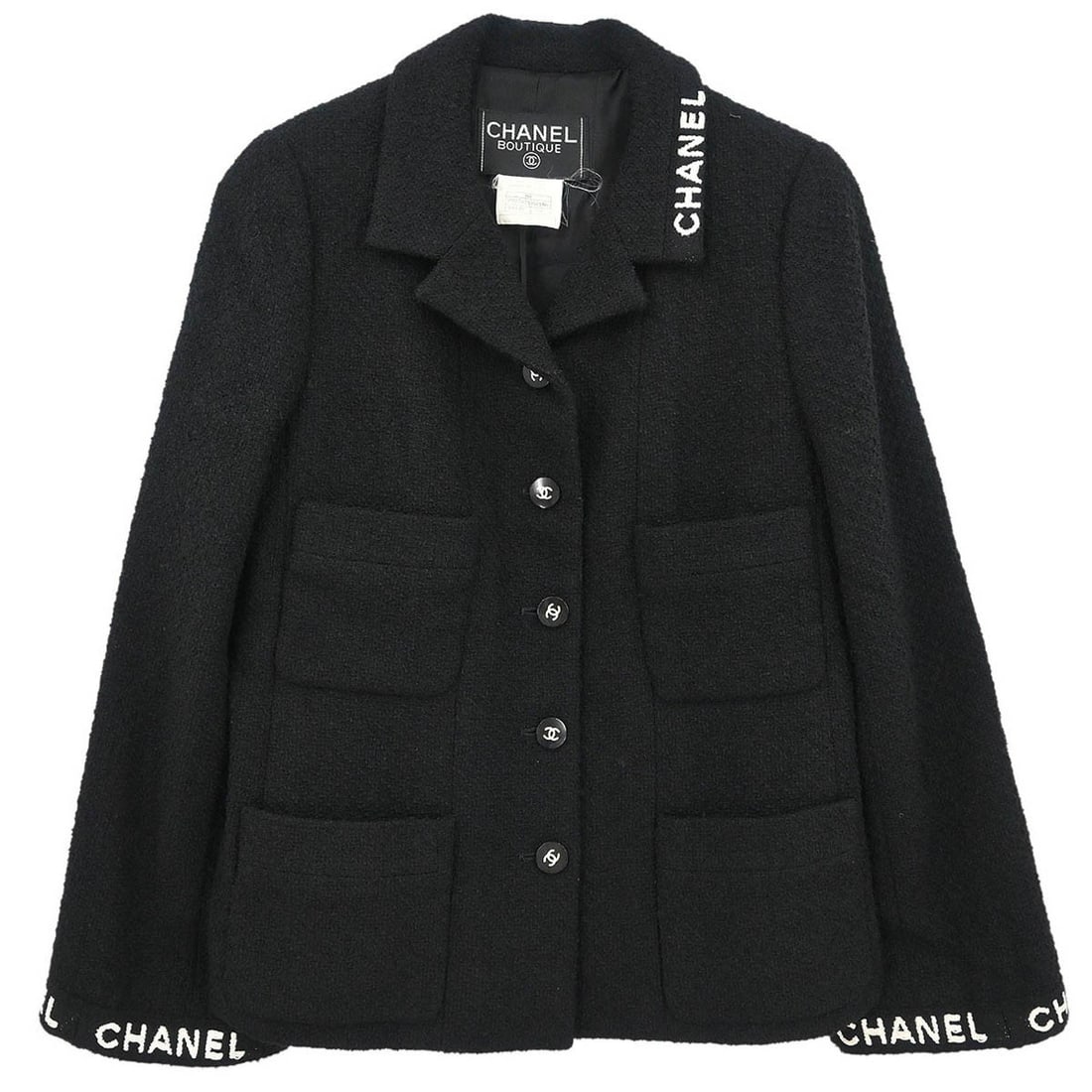 Vintage CHANEL Black Wool Nylon Jacket Size 38 France: Vintage CHANEL Black Wool Nylon Jacket Size 38 France Vintage Chanel single-breasted jacket in black wool blend with long sleeves, a regular fit, and four exterior pockets. This women's mid-length jac